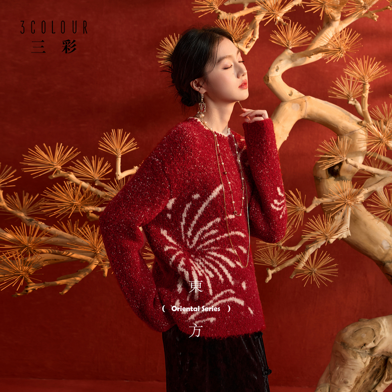 三彩【人间烟火】2026春季新款圆领毛衣圈圈纱长袖套头C