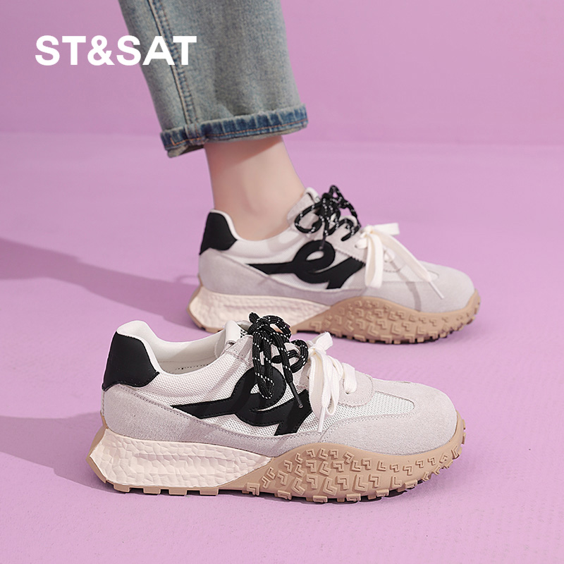 星期六女鞋旗舰店德训鞋女2025新款爆款踩屎感真皮复古跑步阿甘鞋