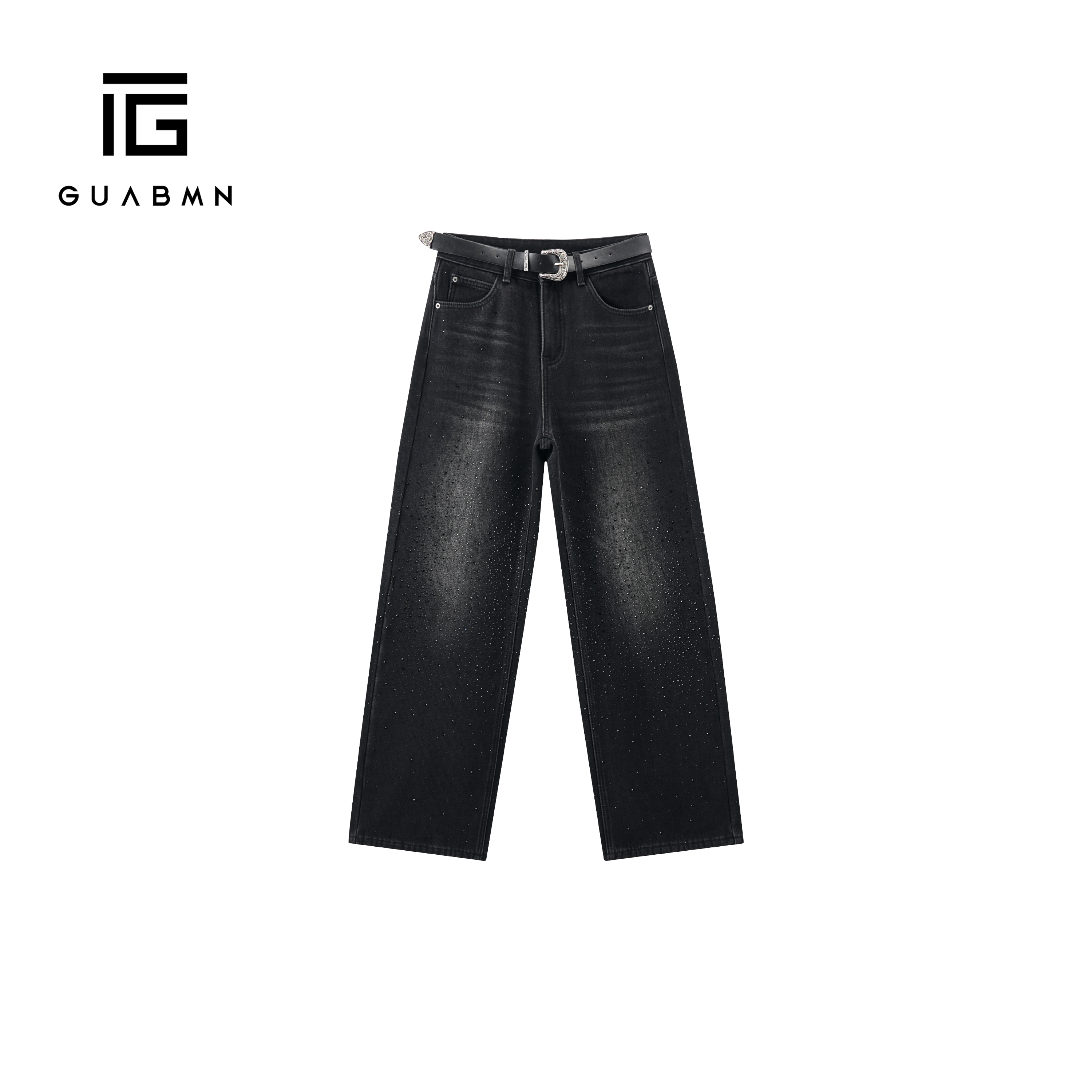 GUABMN2025冬季新品重工烫钻加绒高腰阔腿牛仔裤直筒拖地长裤6037