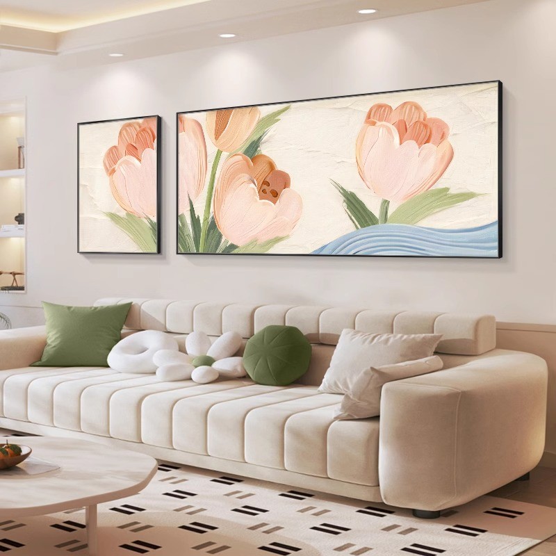 现代简约沙发背景墙奶油风格挂画侘寂风花卉肌理双联壁画客厅装饰