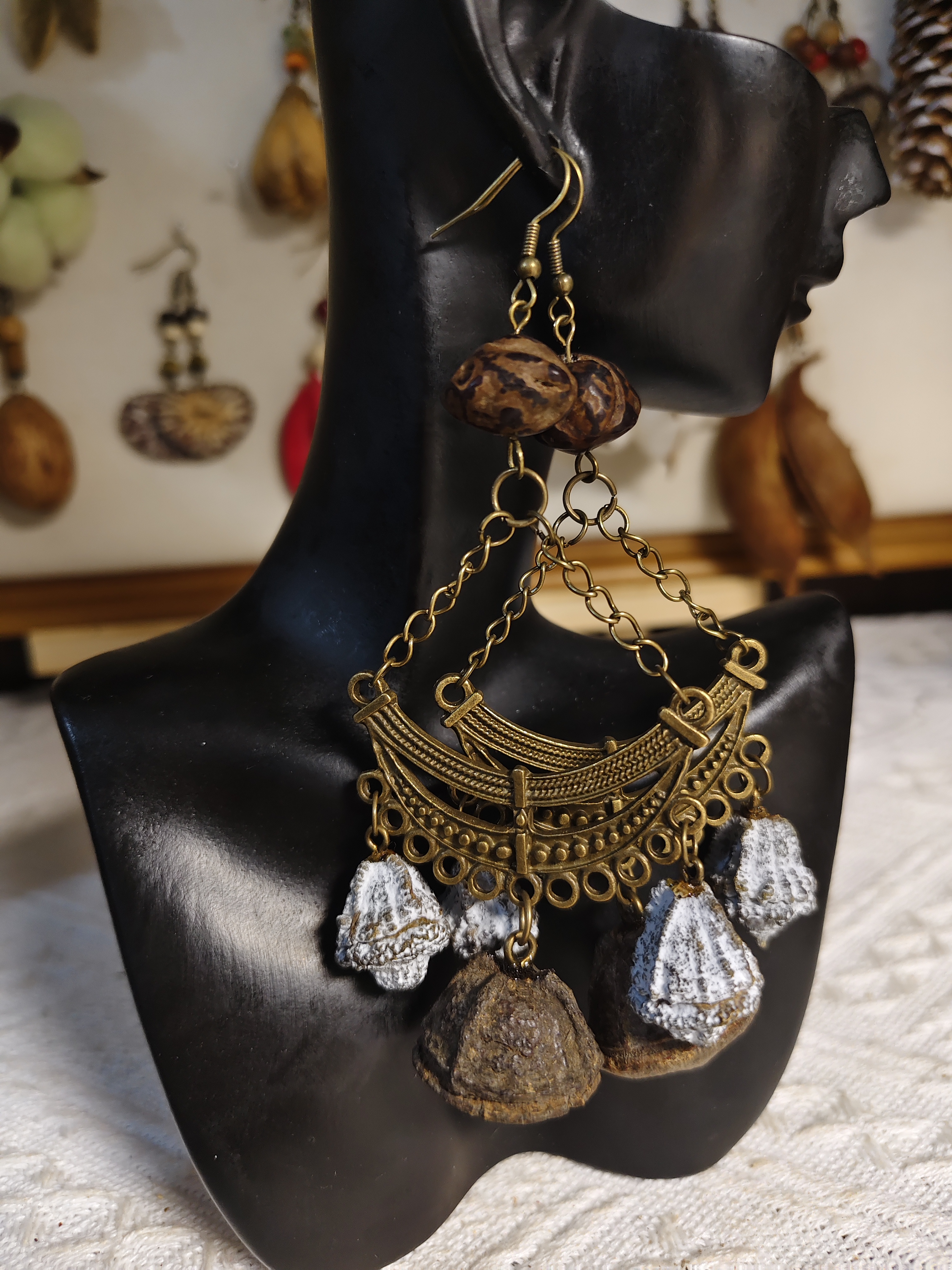 非金属木质耳饰 民族风复古独特金色耳环手作古典夸张个性耳饰饰