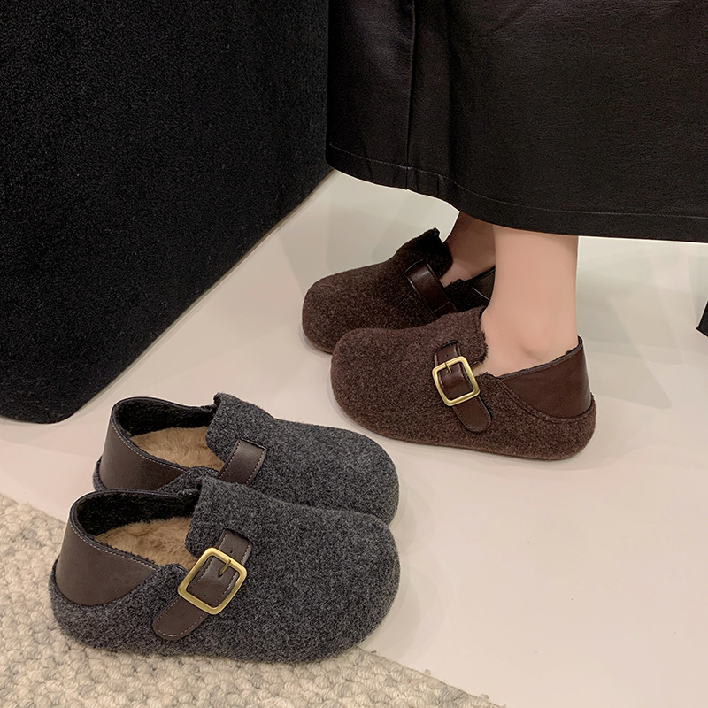 爆款复古两穿毛呢全包加绒勃肯鞋厚底内增高绝美高级感毛毛鞋棉鞋