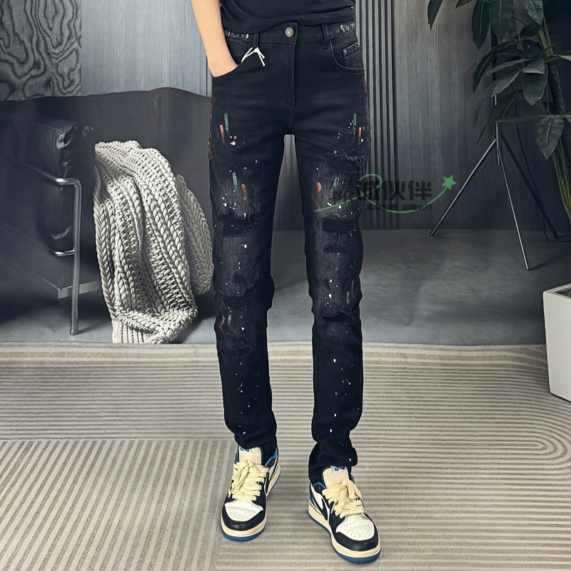 欧货新款修身小脚九分牛仔裤休闲黑色破洞印花显瘦时尚男装长裤子