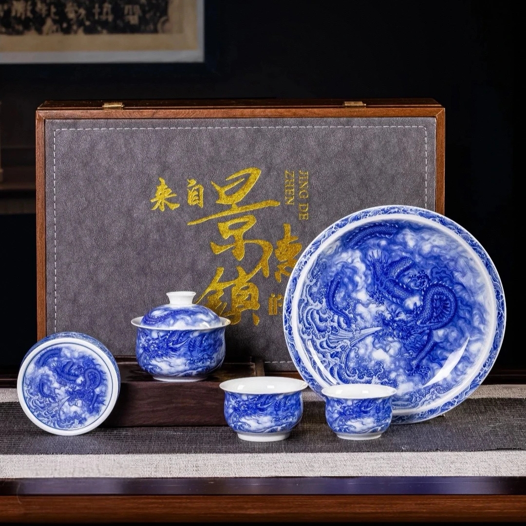 景德镇手工制作釉下彩青花瓷龙吸水高端陶瓷茶具