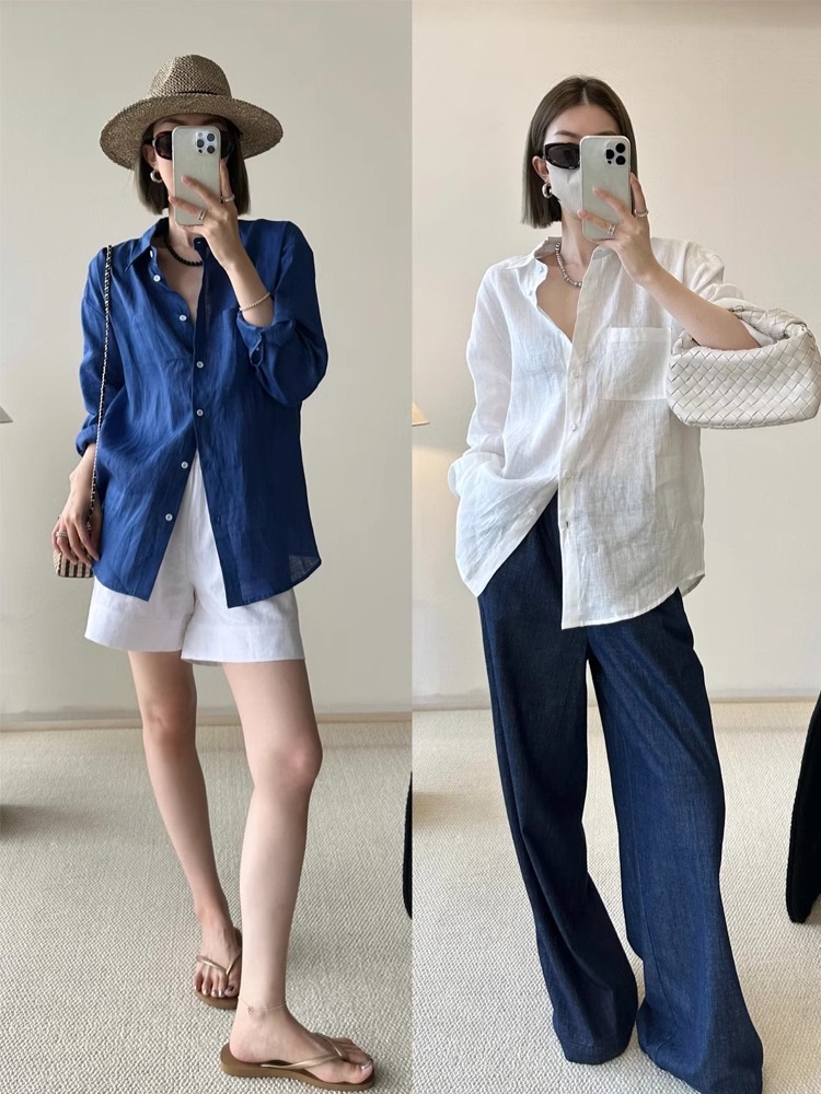 衬衫女白色宽松亚麻防晒百搭廓形2025春夏季新款大码衬衣外套3525
