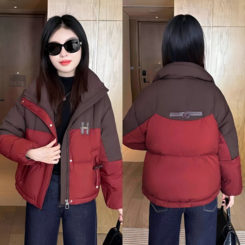 新款小个子洋气时尚短款棉服女冬季显瘦撞色拼接加厚保暖棉衣棉袄