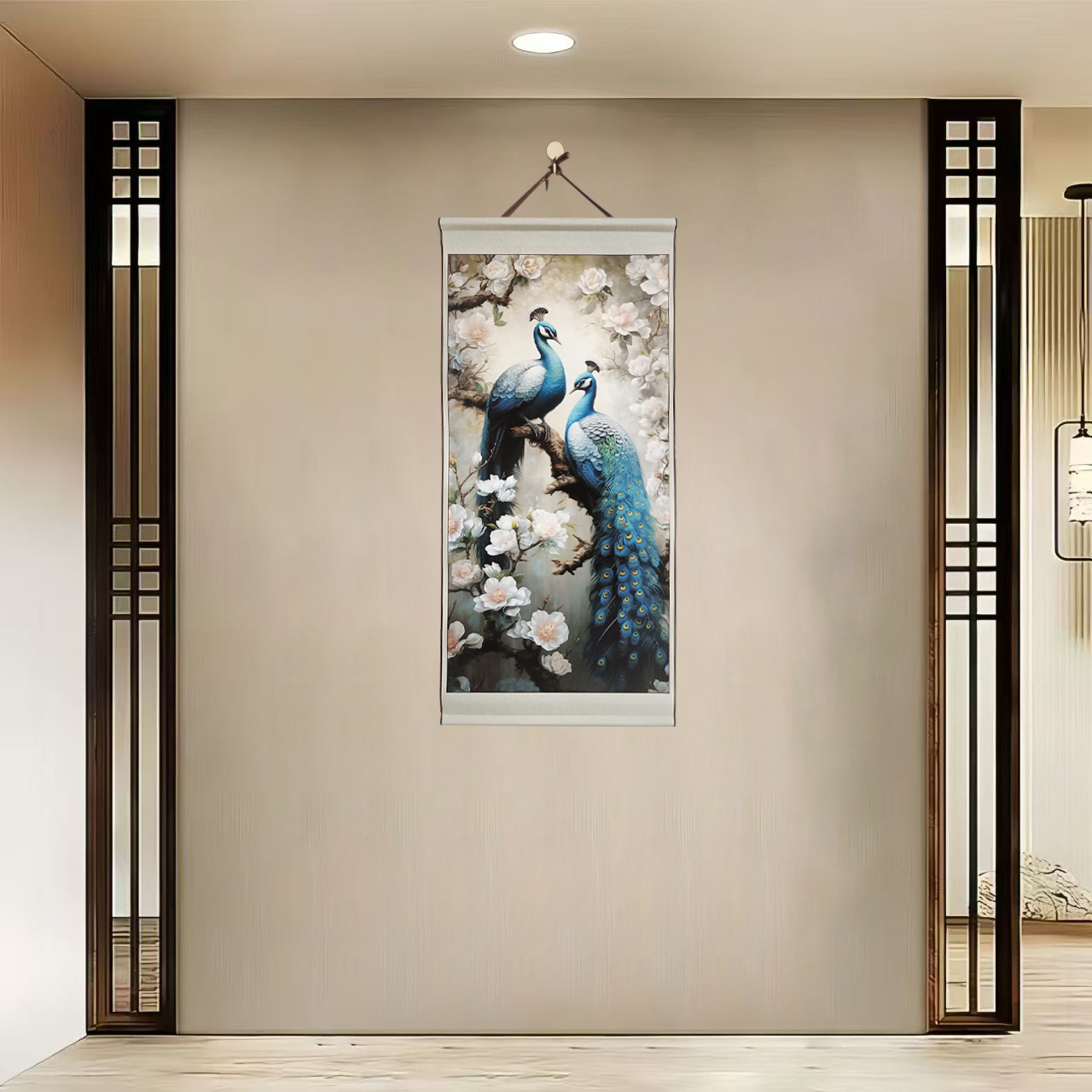 {40-55双孔雀}净尺寸40x85cm现代简约挂轴装饰画办公室家居装