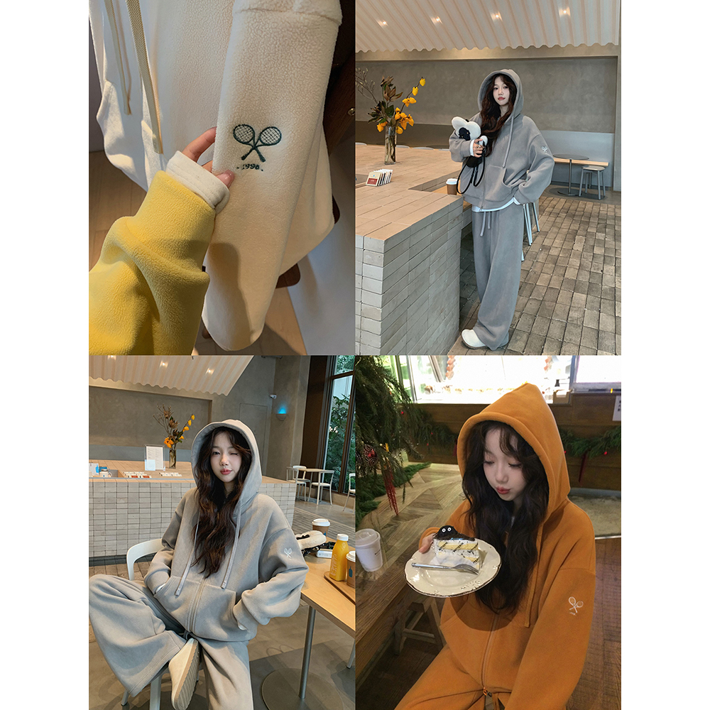 张贝贝 500g双面糯米绒刺绣网球拍加绒连帽卫衣外套+直筒休闲裤女