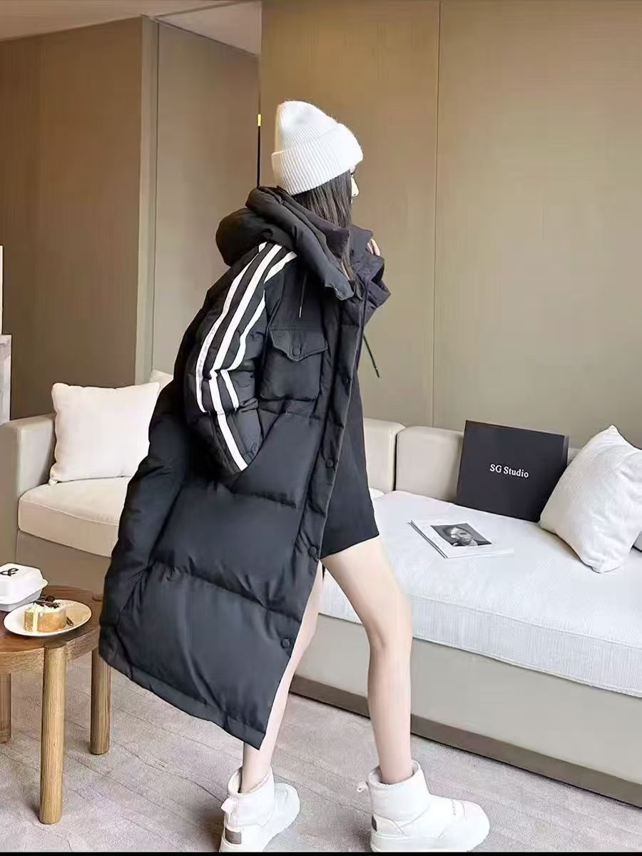 宽松长款韩版女士外套中长款显瘦女时尚休闲百搭黑色连帽羽绒服