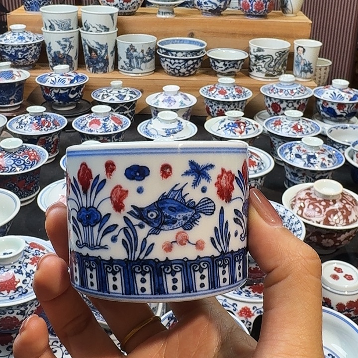 鱼藻扳指杯手绘原矿