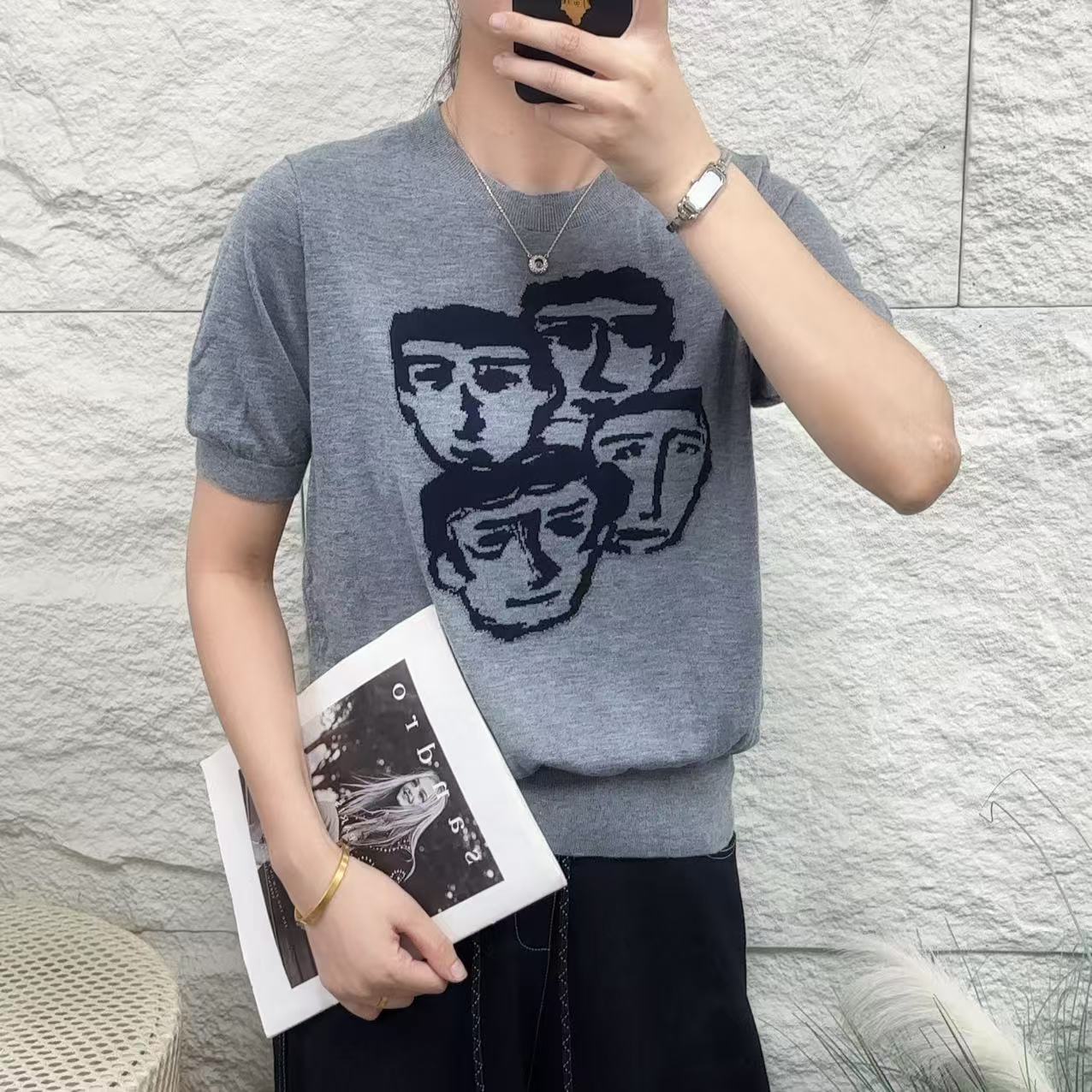 C-28常规款常规极简风短袖女人物针织衫半袖韩版印花灰色