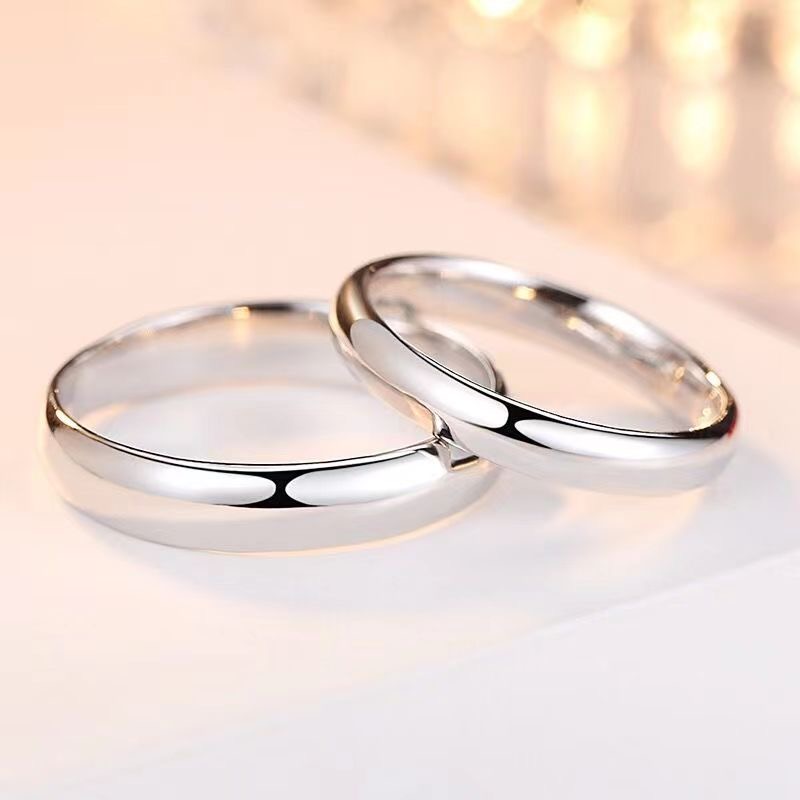 足银戒指 足银S999开口光面素圈亮面戒指简约大气情侣戒指可调节