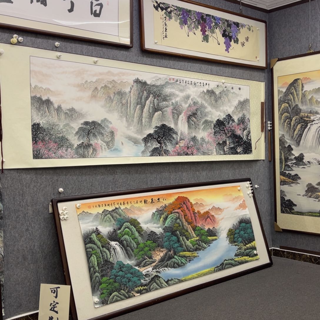 国画八尺对开锦绣山河山水卷轴