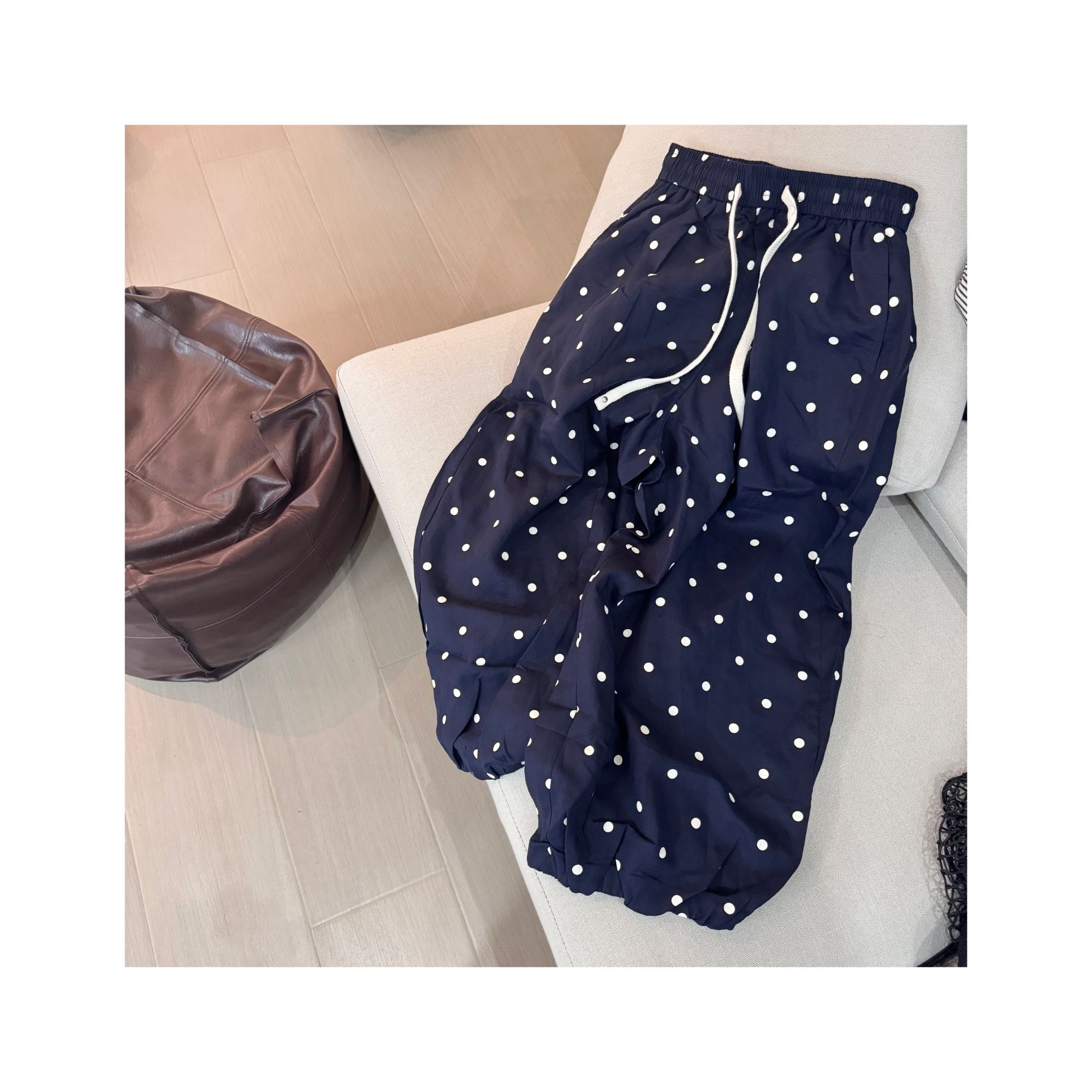 深藏蓝麻料波点灯笼裤