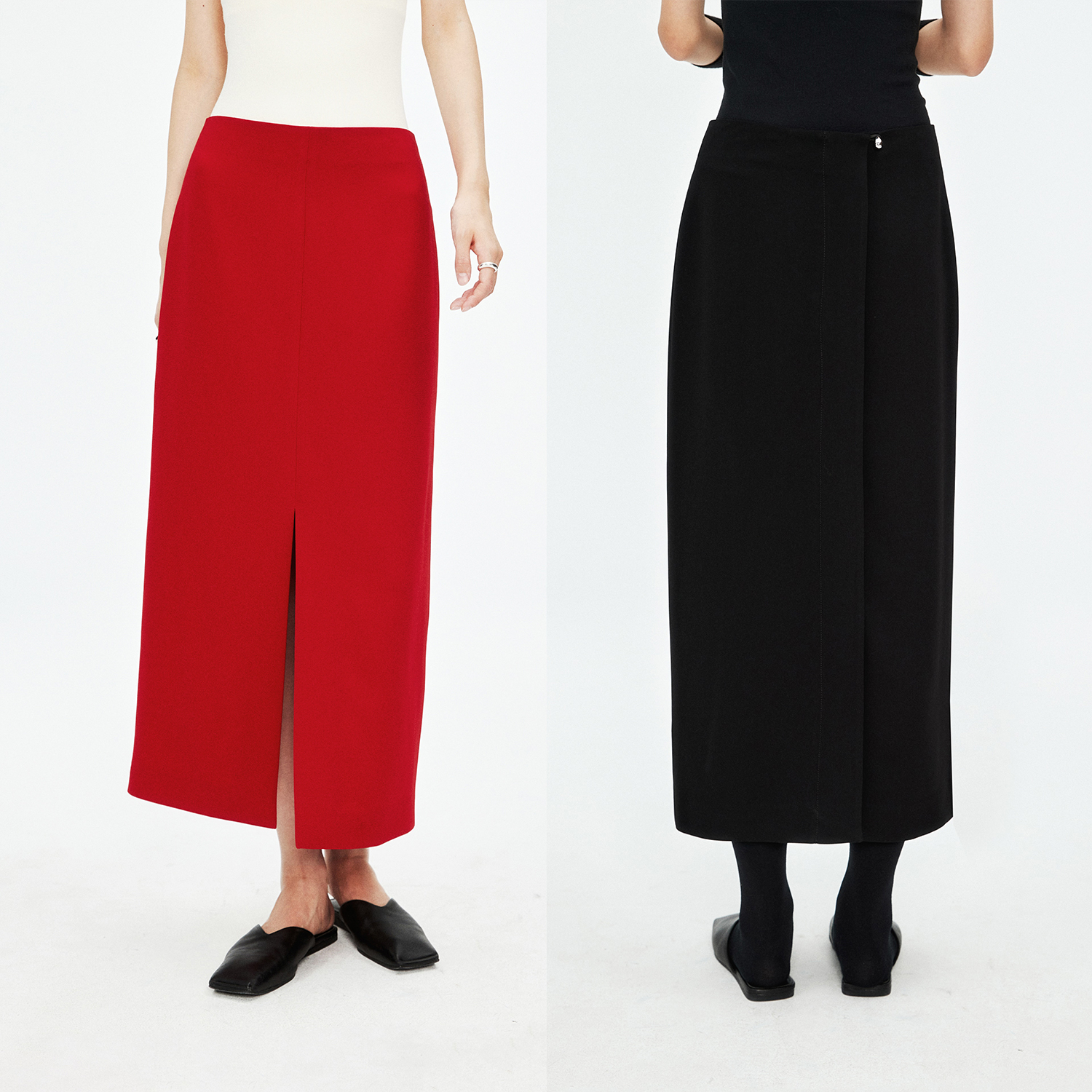 MRS Studios时髦设计醋酸修身前开衩水滴扣直筒红色铅笔半身裙