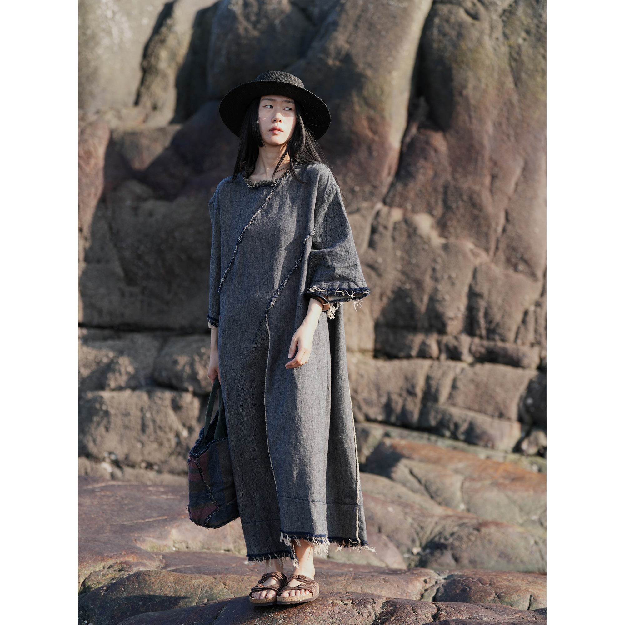 几见 原创设计春夏亚麻棉长袍子连衣裙复古风拼接做旧毛边W52104