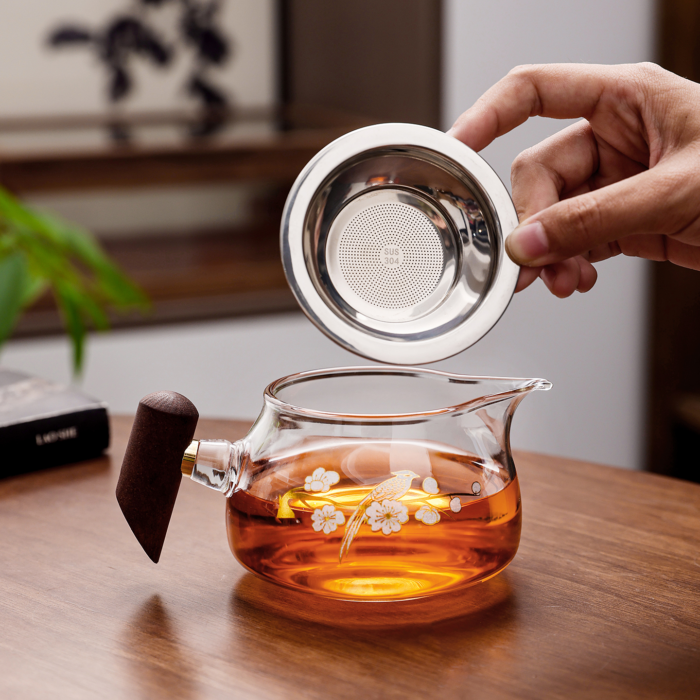 公道杯木把玻璃高硼硅耐热透明玻璃分茶器日式侧把茶海喜鹊寿桃