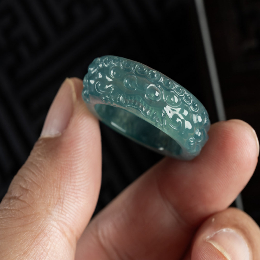 22圈天然翡翠A货冰种起光天空蓝复古貔貅戒指指环戒圈8.6-4.3mm