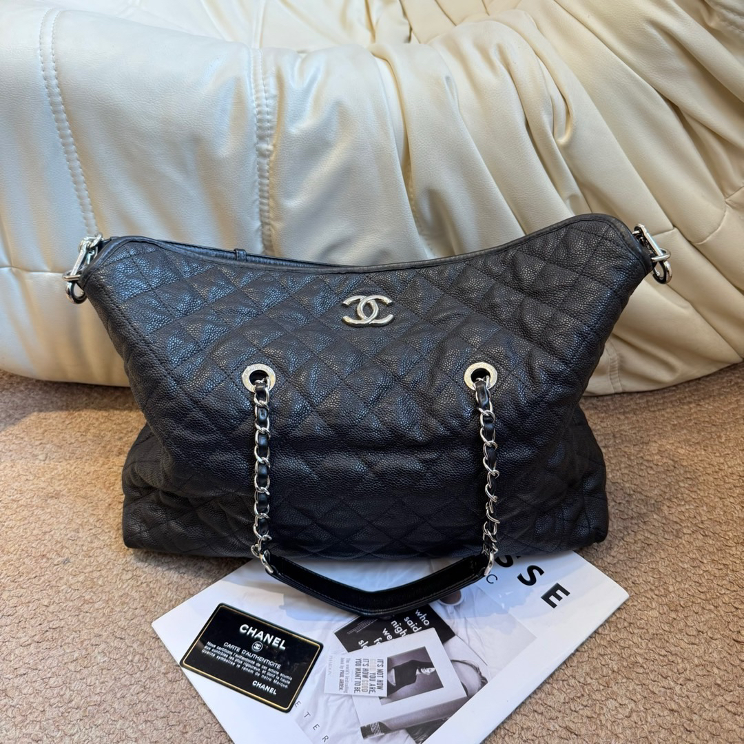 95新 Chanel/香奈儿 黑银 鱼子酱 龙虾扣 hobo/693588362