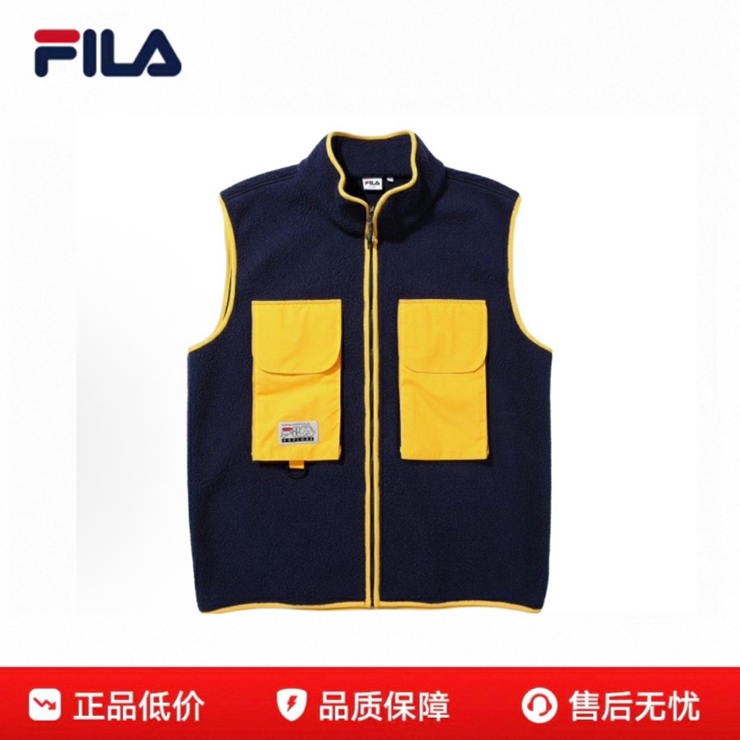 FILA斐乐 男款工装马甲时尚羊羔绒休闲户外保暖外套藏蓝