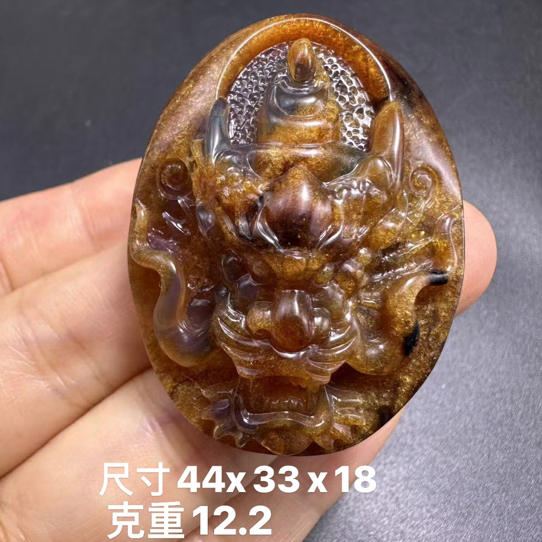 缅甸天然琥珀雕刻金底溶洞神龙护主吊坠挂件