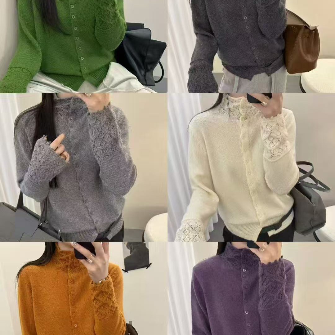 永丽家冬季镂空花边高领针织开衫韩系减龄显瘦时尚百搭宽松上衣