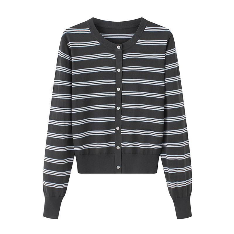 MM商场同款2025秋新款圆领百搭条纹长袖针织衫开衫女2091