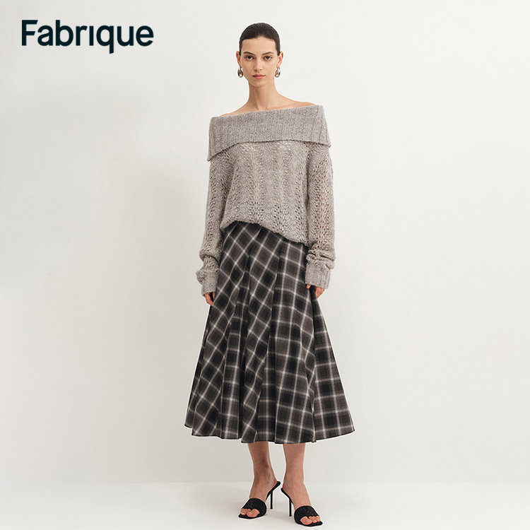 Fabrique Xaviera 春夏新款格纹精纺绵羊毛旋转立裁通勤伞型半裙