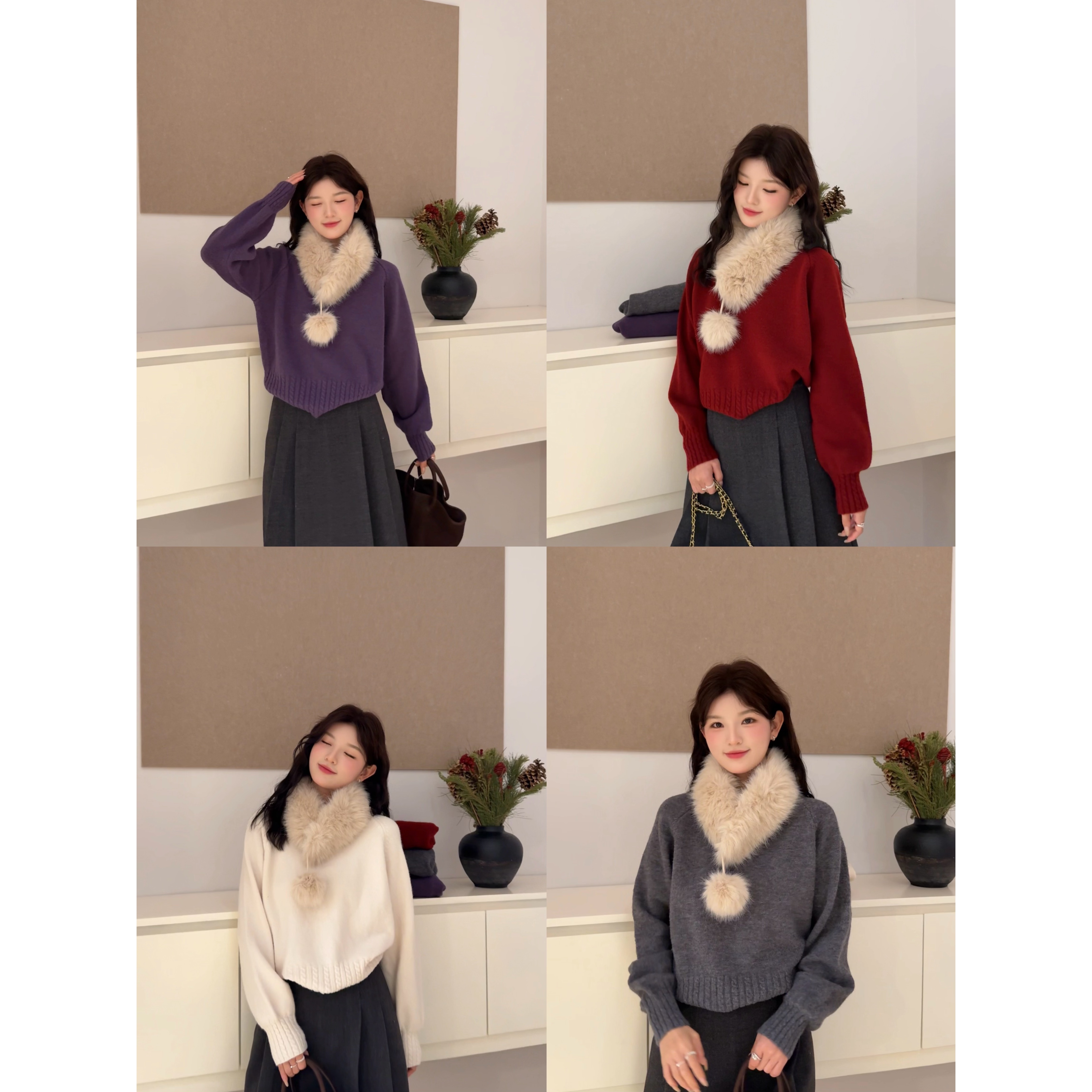 M1599#【 心动降临！】韩系高智感套头毛衣(配毛领)