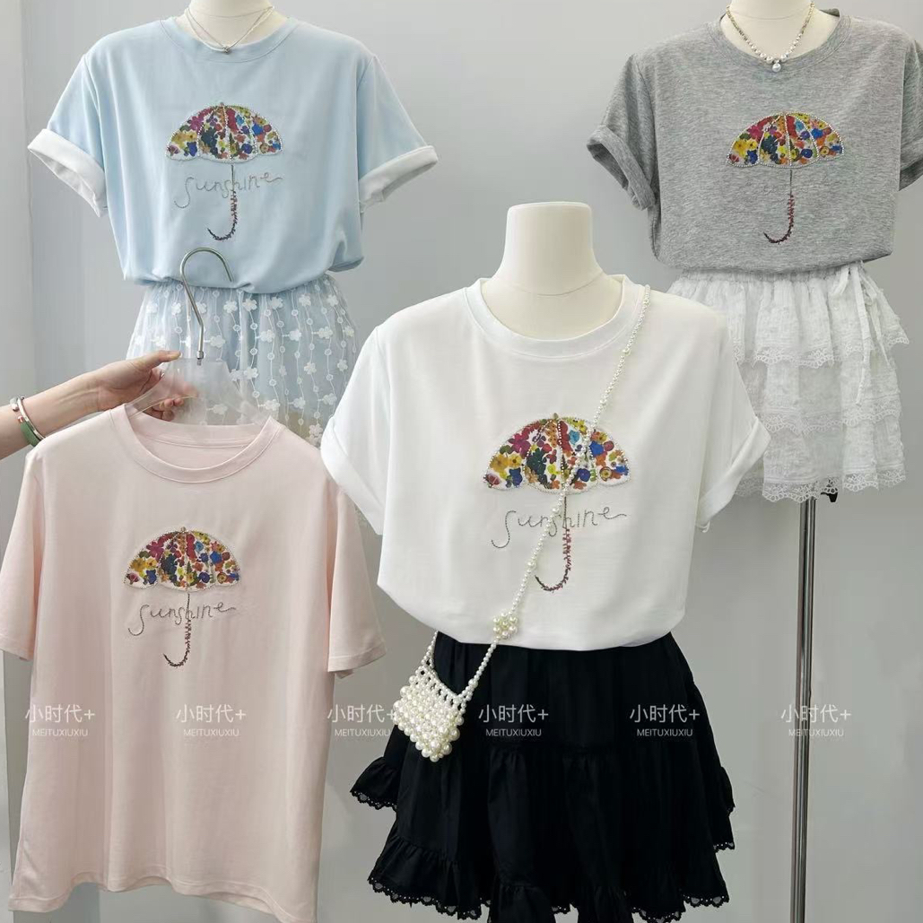 T恤时尚常规刺绣圆领半袖短袖休闲风植绒百搭18812