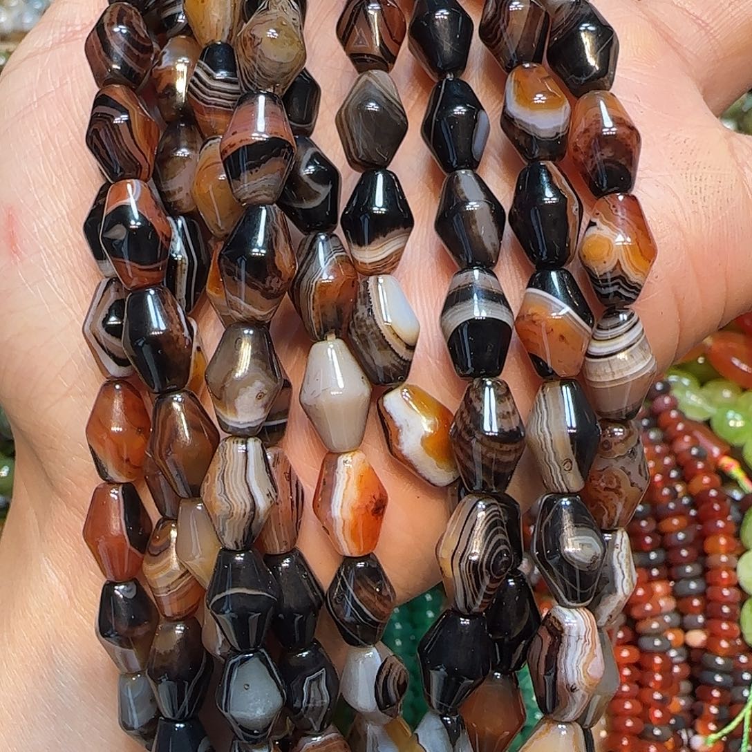 玛瑙/玉髓未镶嵌珠宝半成品黑咖玛瑙线条腰珠一条8✖️12