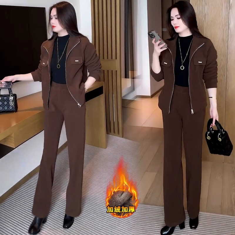 加绒加厚休闲运动套装女2025冬季时髦洋气立领开衫阔腿裤两件套潮