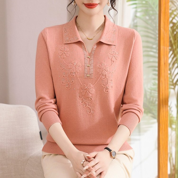 2025新款妈妈秋装翻领中老年女洋气上衣春秋中年女针织上衣9035