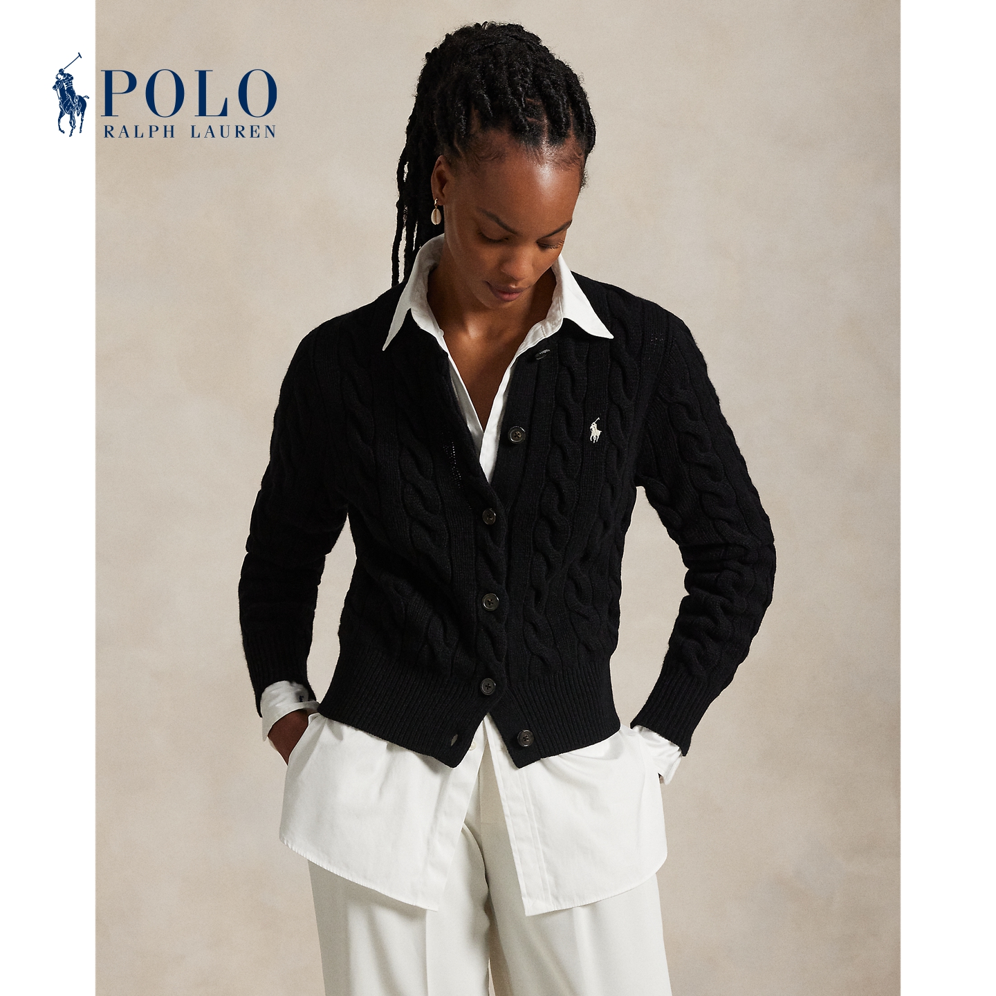 Ralph Lauren/拉夫劳伦女装 25年早秋修身版型绞花编结针织开襟衫