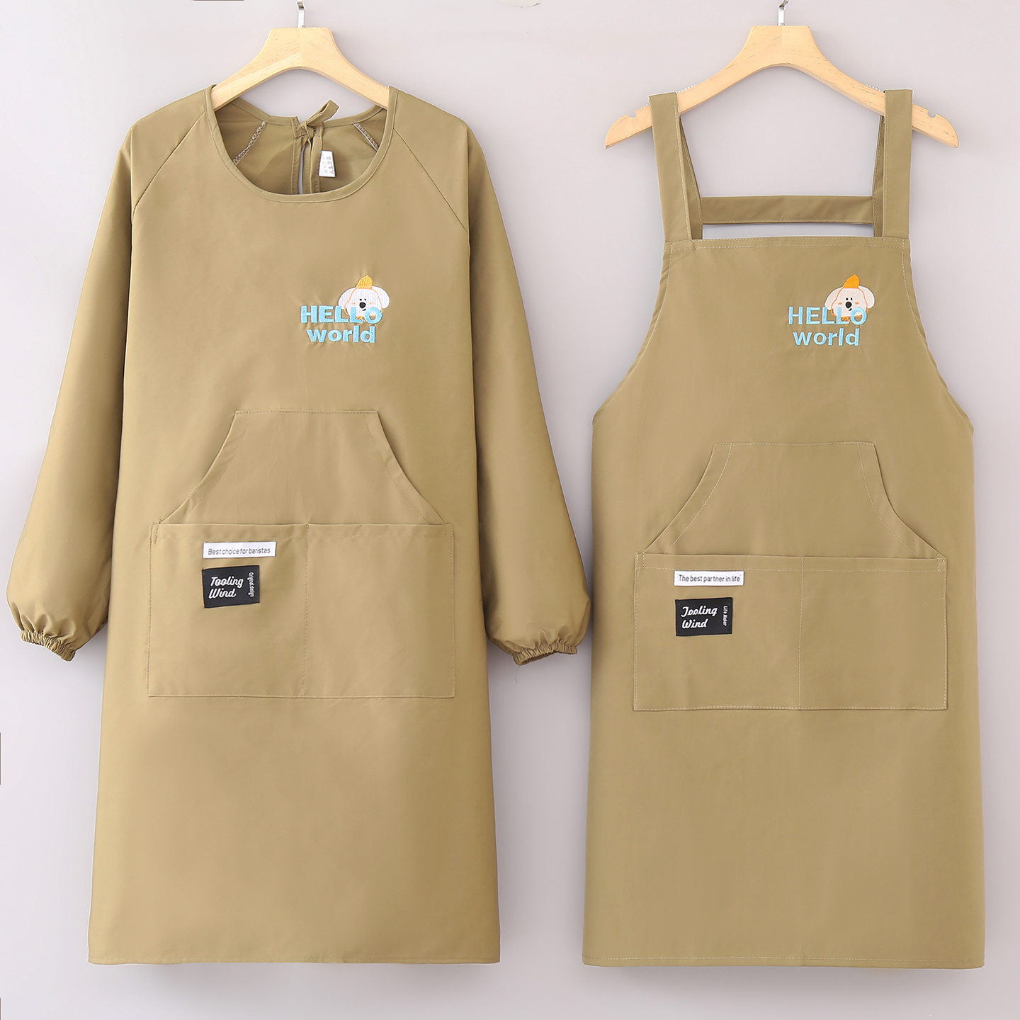 时尚罩衣家用厨房做饭耐脏防污围裙工作服餐饮定制长袖围腰女印字
