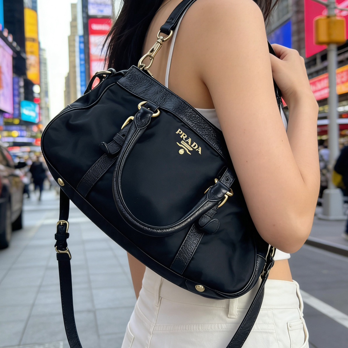 95新 Prada/普拉达 黑金降落伞云朵puffer斜挎包45010326