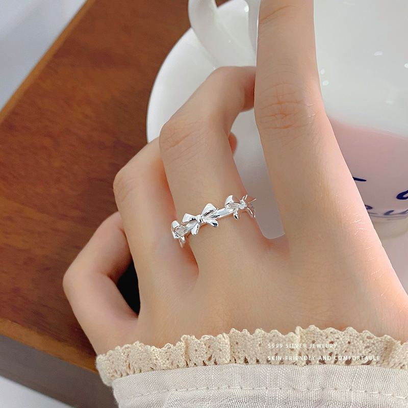 足银戒指 S999足银甜美蝴蝶结戒指女设计感少女心可爱