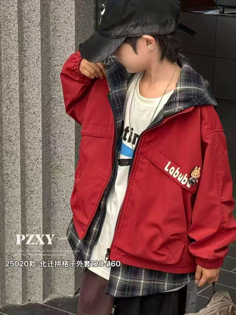 男童格子假两件外套深秋款2025新款儿童冬装上衣中大童男孩夹克潮