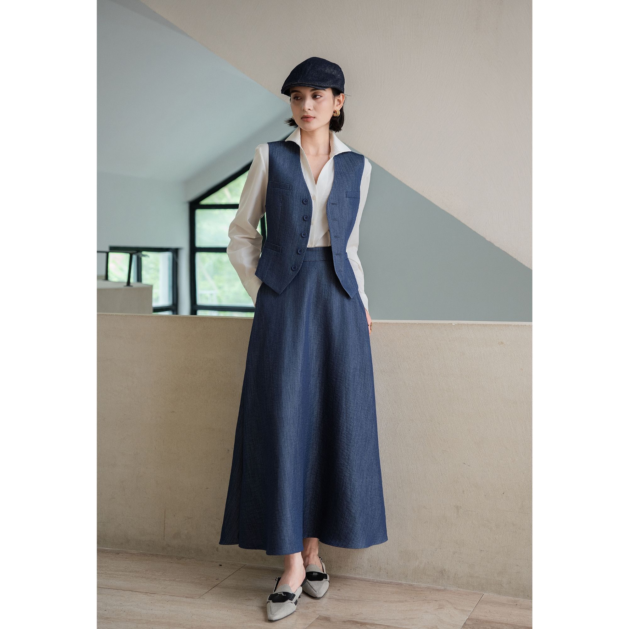 【远洋】美式精英风 时髦西背马甲+半身A摆半裙复古时尚套装（裱里）