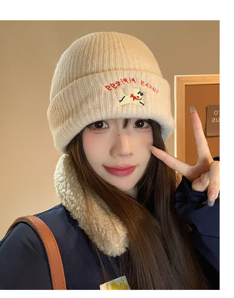 可爱小狗刺绣毛线针织帽新款秋冬季大头围圆领帽子女秋冬帽子脸小