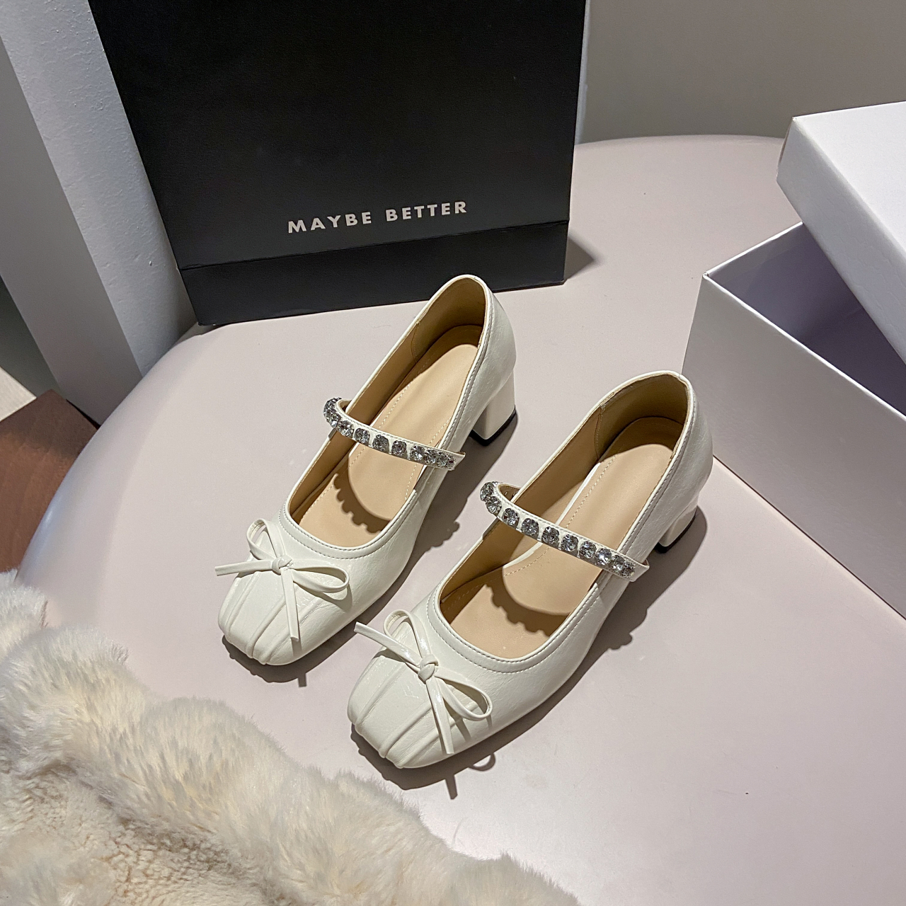 粗跟擦色皮玛丽珍鞋高跟方头单鞋浅口一脚蹬防滑高贵