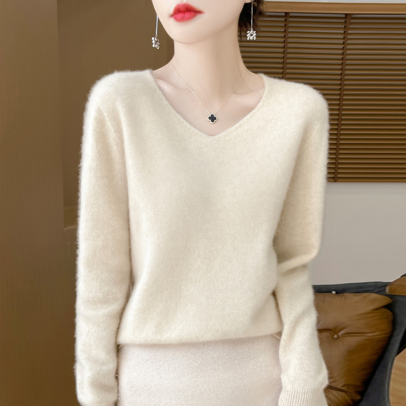 纯羊毛一线成衣V领针织衫女宽松显瘦套头毛衣女201