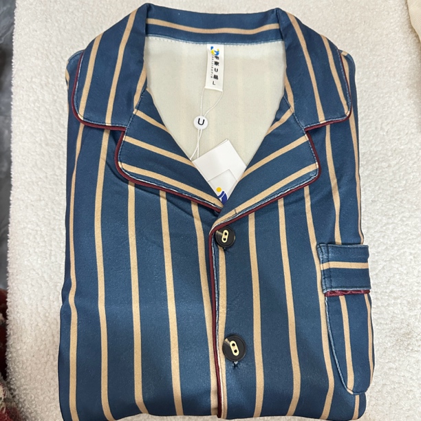 男士秋冬季蓝黄竖条纹家居服套装