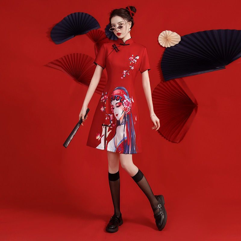 打鼓服装短旗袍A字裙日常旗袍中国风走秀少女印花中长款红色