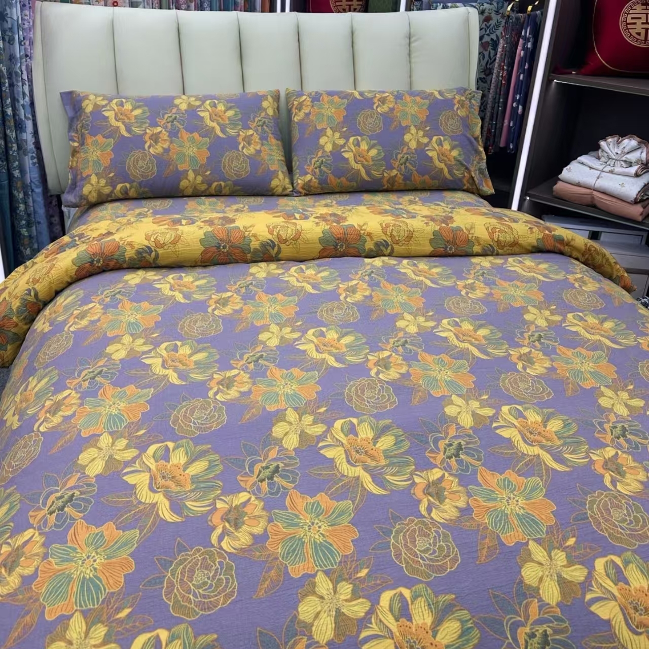 亲肤棉双层纱被罩--金彩花韵