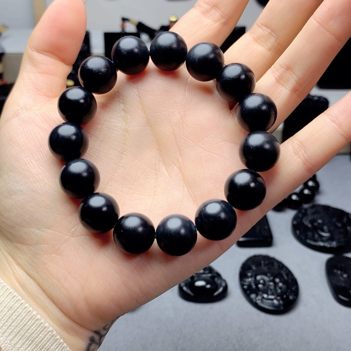 和田玉（墨玉）手串未镶嵌特价14mm有毛孔和棉