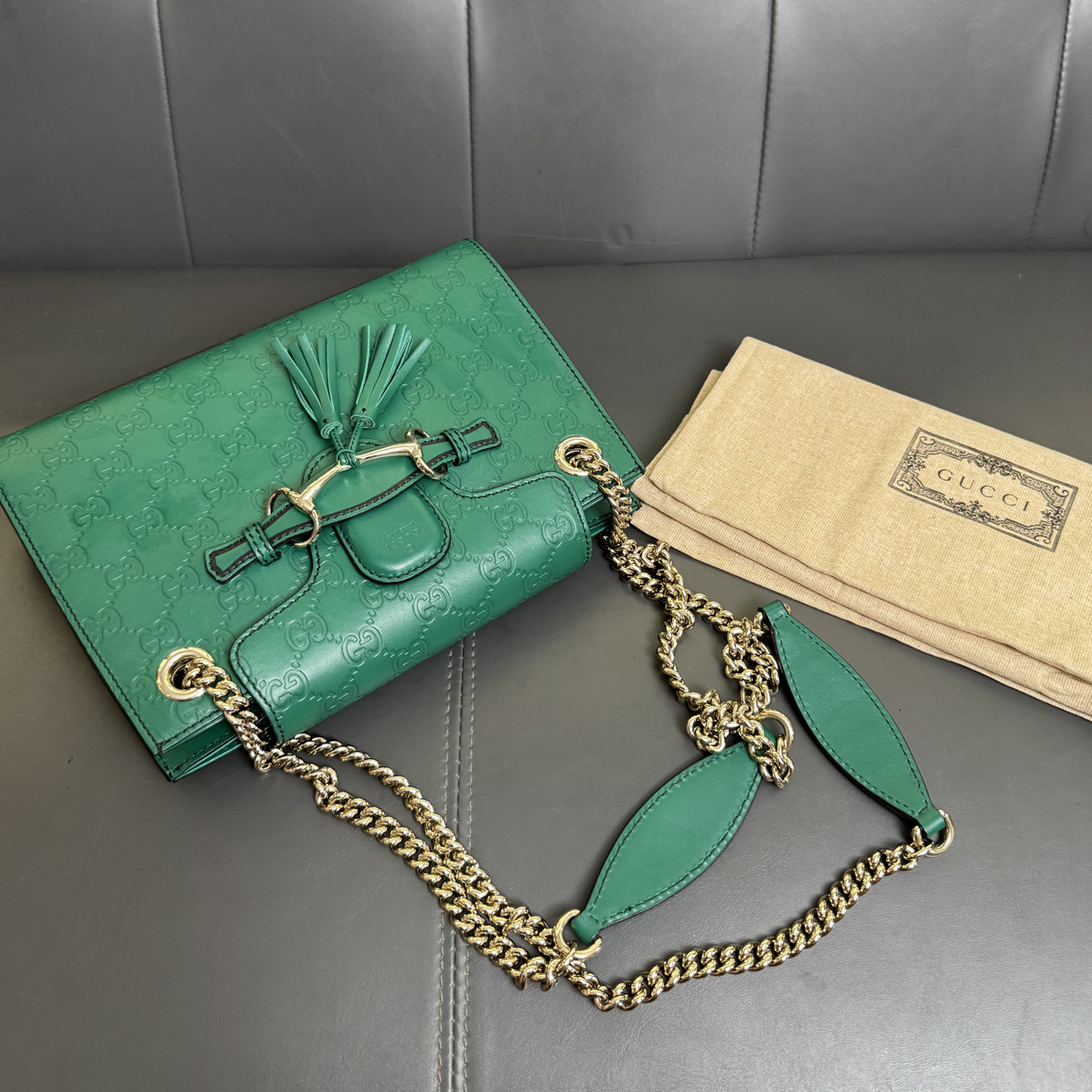 99新 GUCCI/古驰 古驰鹦鹉绿链条斜挎包