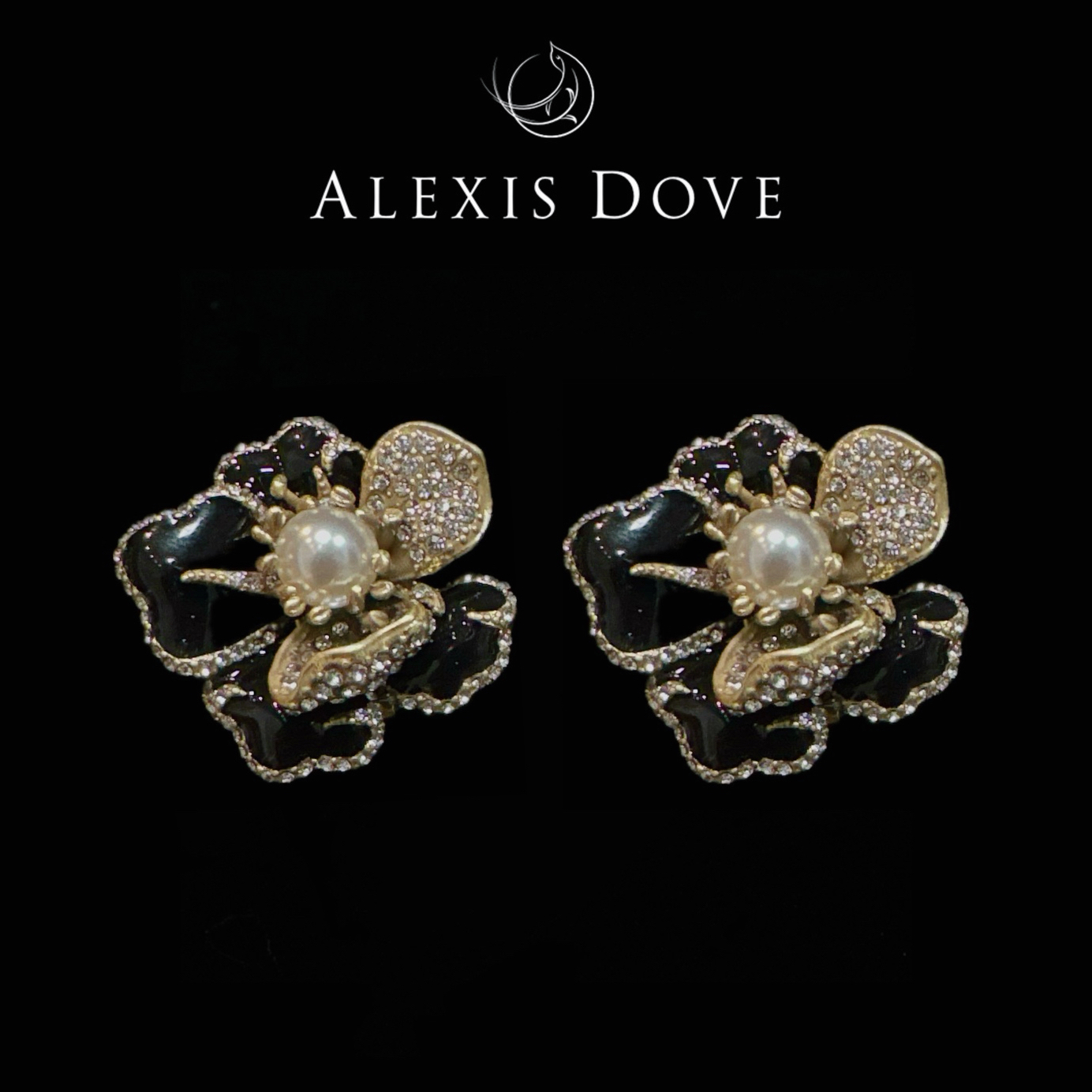 铜合金合成锆石耳饰 重工黑色满镶花朵耳钉