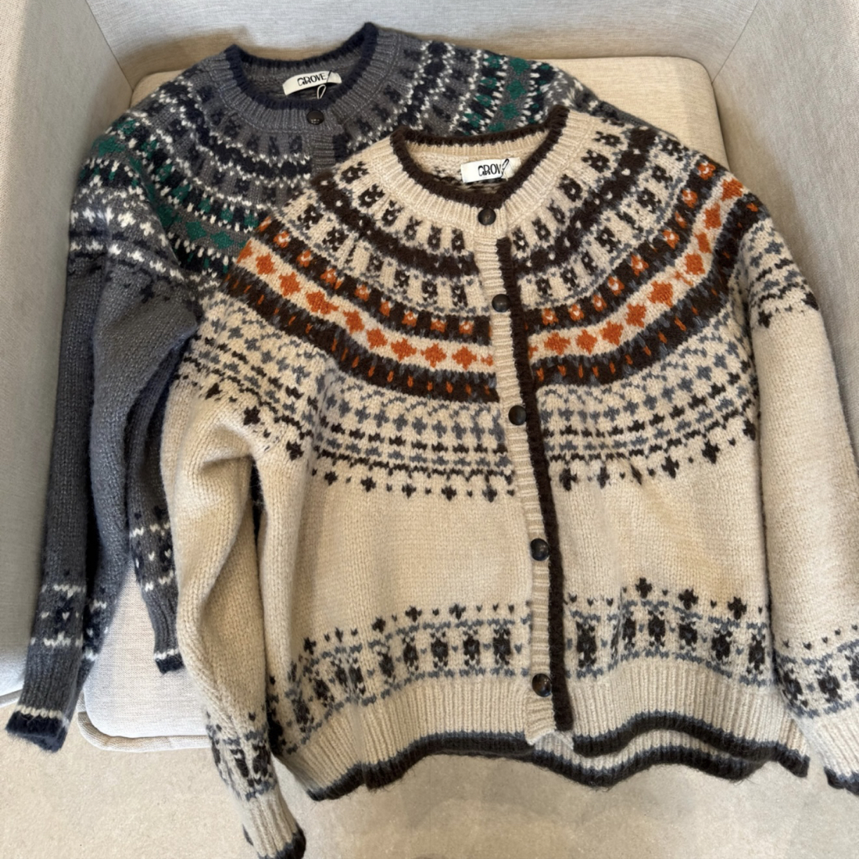 费尔岛提花针织开衫女秋冬复古慵懒风小个子保暖连帽毛衣外套