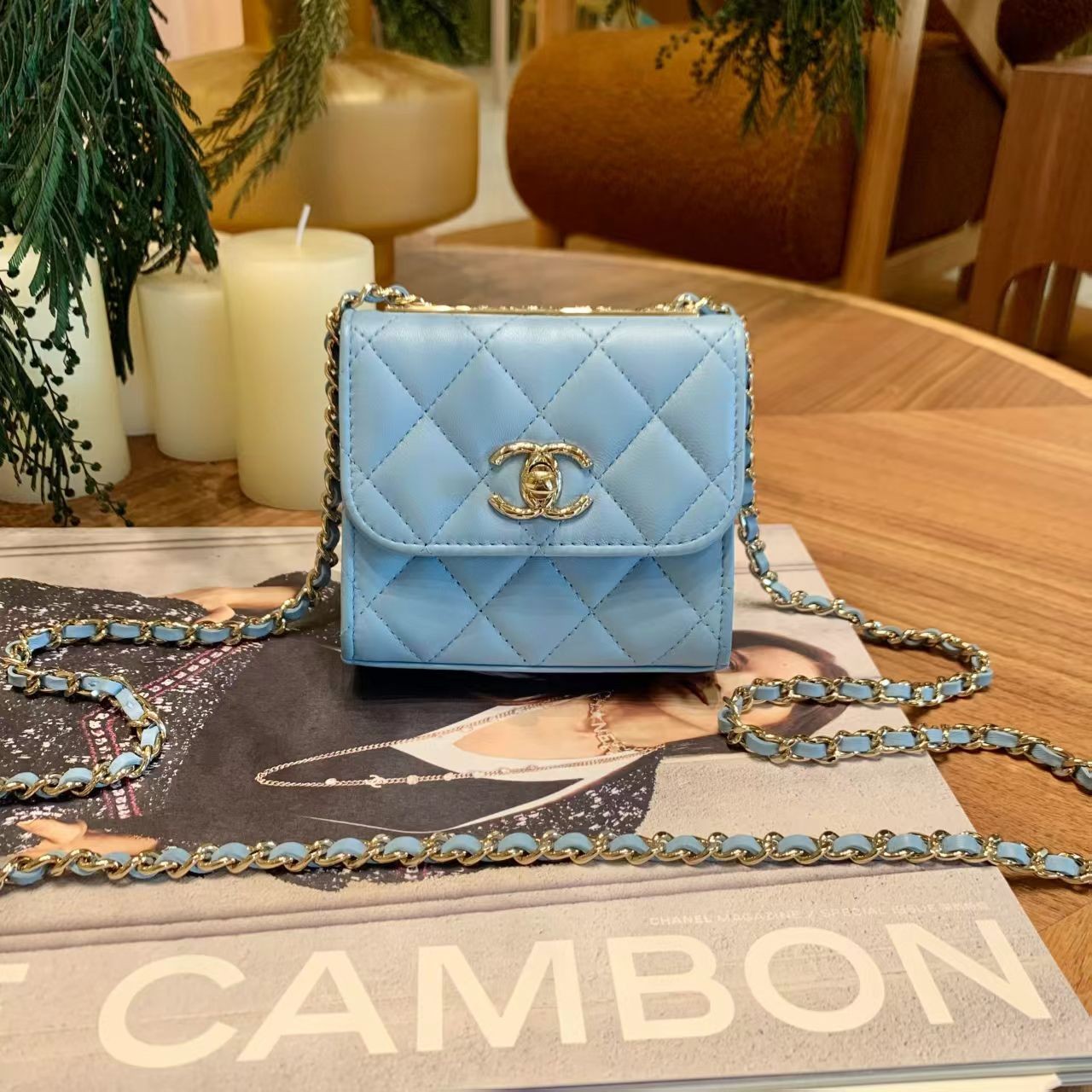 99新 Chanel/香奈儿 壹臻/马卡龙蓝浮雕trendymini 55798170